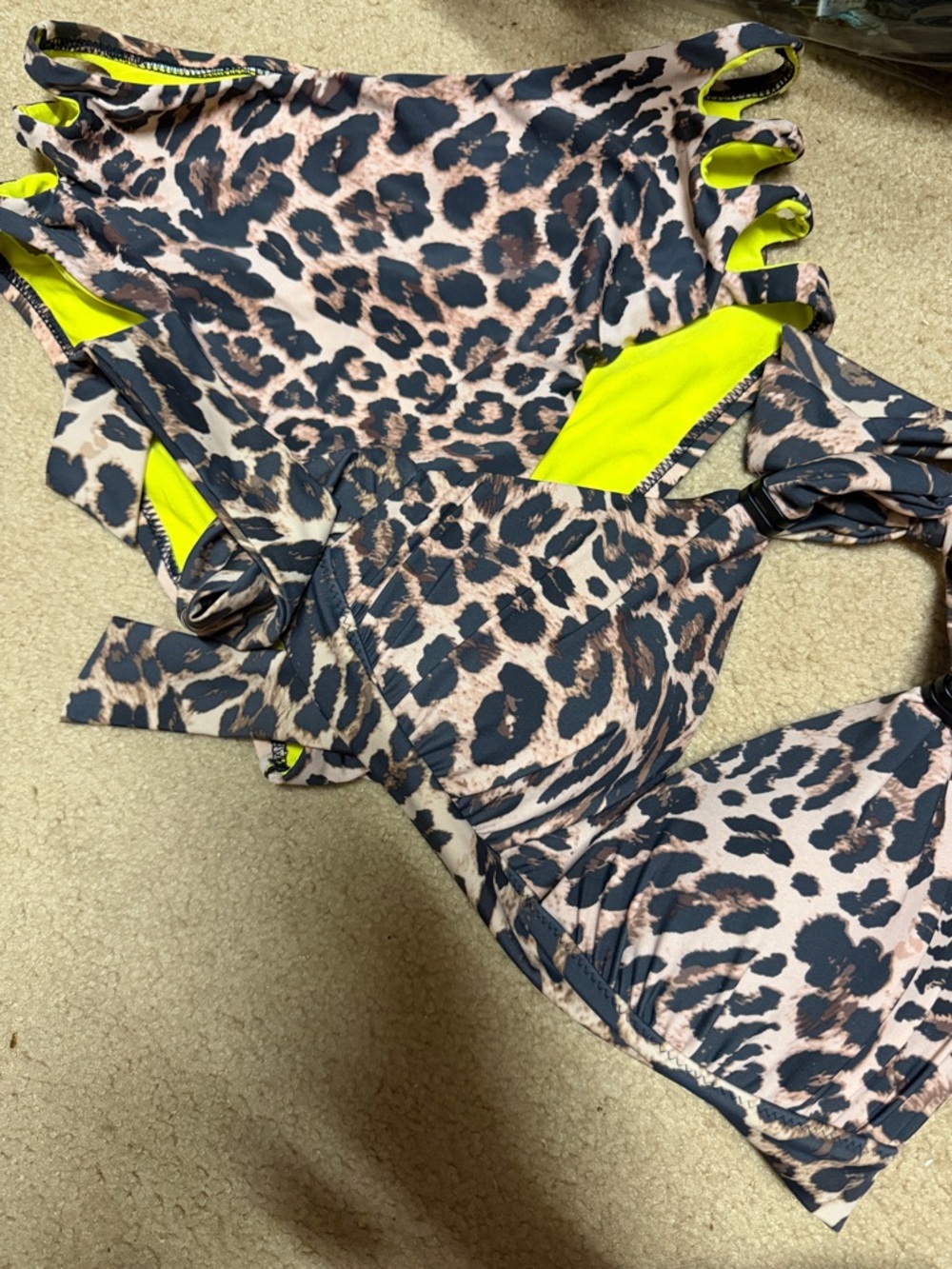 Leopard Print Bikini Top and bottom with Neon Yellow Lining